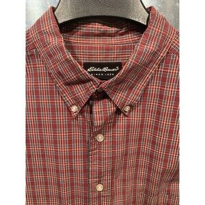XL TALL Western Eddie Bauer 100% Cotton Red Plaid Button Down Shirt 17 1/2-34